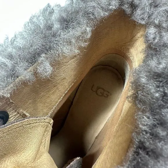 Ugg Jaxon Suede Ankle Booties Boots Womens Size 10 Brown Leather Shearling Cuff