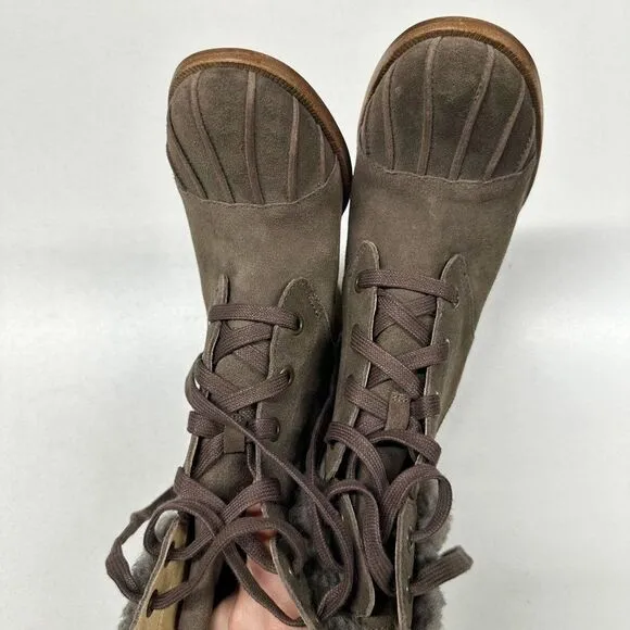 Ugg Jaxon Suede Ankle Booties Boots Womens Size 10 Brown Leather Shearling Cuff