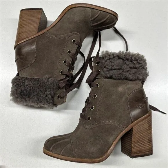 Ugg Jaxon Suede Ankle Booties Boots Womens Size 10 Brown Leather Shearling Cuff