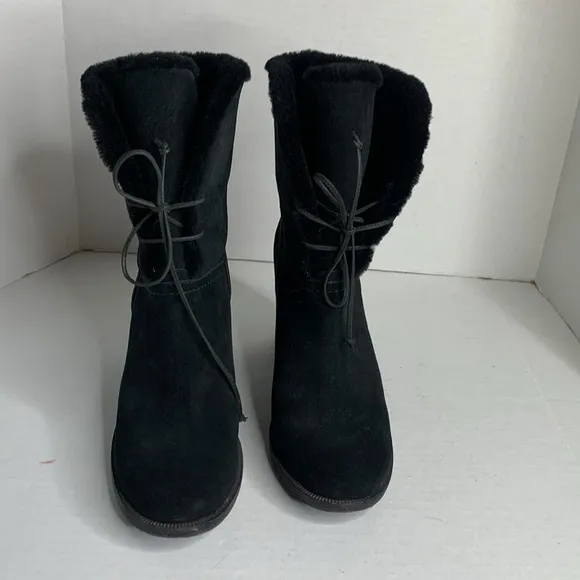 UGG Jerene black suede leather shearling lined lace-up heeled boots