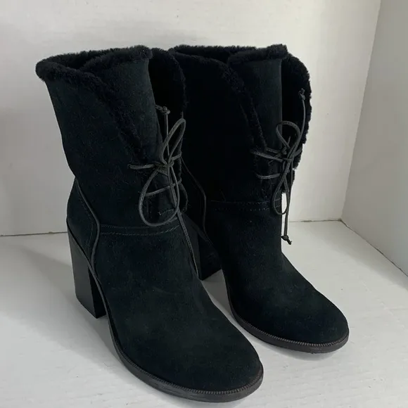 UGG Jerene black suede leather shearling lined lace-up heeled boots