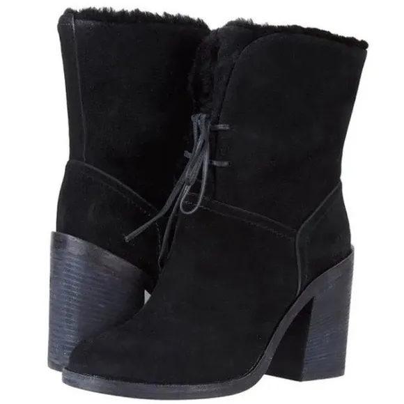 UGG Jerene black suede leather shearling lined lace-up heeled boots