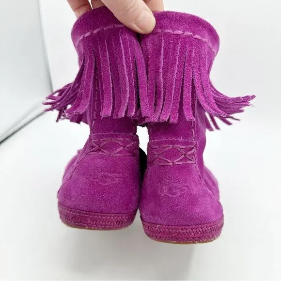 UGG Kaysa Pink Moccasin Suede Leather Fringe Boots Size Women's 4