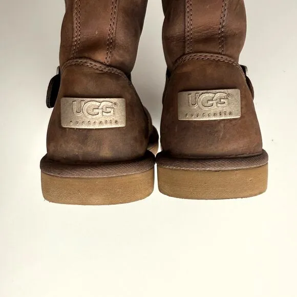 Ugg Kensington EUC Pull On Two Buckle Brown Nubuck Shearling Mid Calf Boots 6