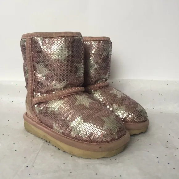 Ugg Kids Classic Short Suede Pink Sequin Stars Boot II - Size 6 Shearling Lined