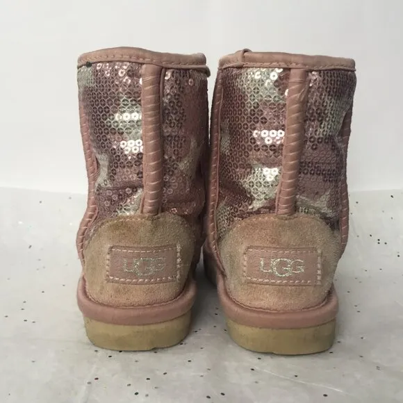 Ugg Kids Classic Short Suede Pink Sequin Stars Boot II - Size 6 Shearling Lined