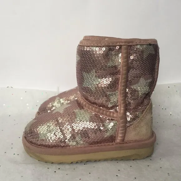 Ugg Kids Classic Short Suede Pink Sequin Stars Boot II - Size 6 Shearling Lined