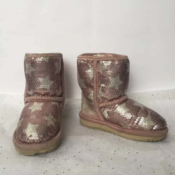 Ugg Kids Classic Short Suede Pink Sequin Stars Boot II - Size 6 Shearling Lined