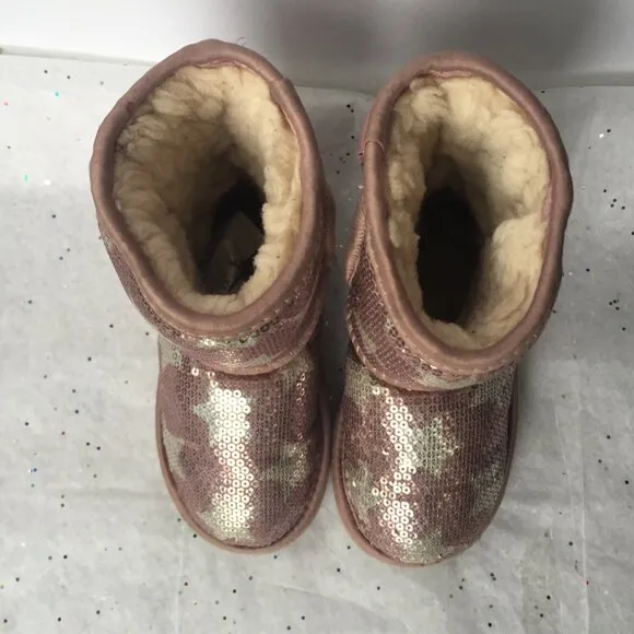 Ugg Kids Classic Short Suede Pink Sequin Stars Boot II - Size 6 Shearling Lined