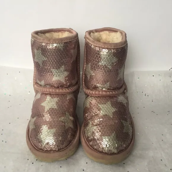 Ugg Kids Classic Short Suede Pink Sequin Stars Boot II - Size 6 Shearling Lined