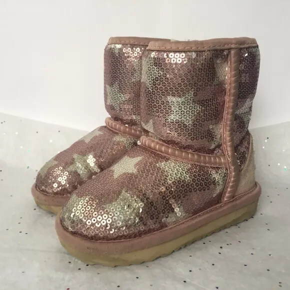 Ugg Kids Classic Short Suede Pink Sequin Stars Boot II - Size 6 Shearling Lined