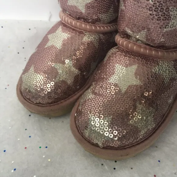 Ugg Kids Classic Short Suede Pink Sequin Stars Boot II - Size 6 Shearling Lined