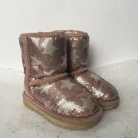 Ugg Kids Classic Short Suede Pink Sequin Stars Boot II - Size 6 Shearling Lined