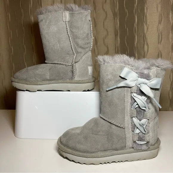 UGG Kids Pala Toddler Girl's 9 Gray Suede Sheepskin Wool Pull On Ribbon 1017737K