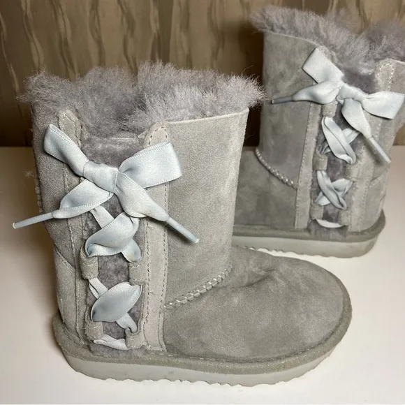 UGG Kids Pala Toddler Girl's 9 Gray Suede Sheepskin Wool Pull On Ribbon 1017737K