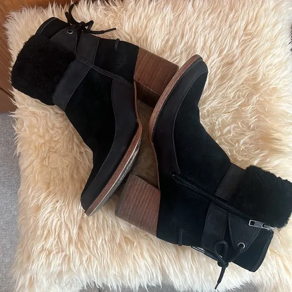 UGG Kirke Shearling Trimmed Leather &amp; Suede Ankle Boots Sz-7.5