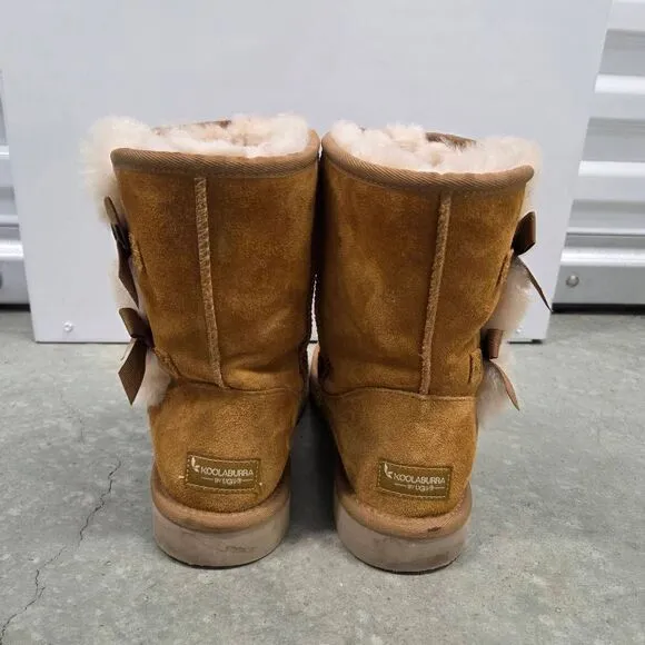 UGG Koolaburra Suede and Shearling Short Boots w/ Bows in Chestnut. Size 8