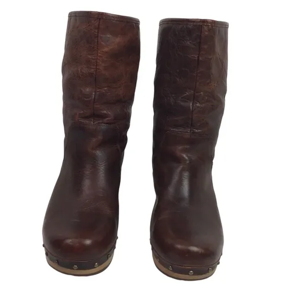 UGG Lynnea Leather Shearling Mid-Calf Wood Clog Boots Brown