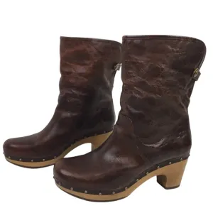 UGG Lynnea Leather Shearling Mid-Calf Wood Clog Boots Brown