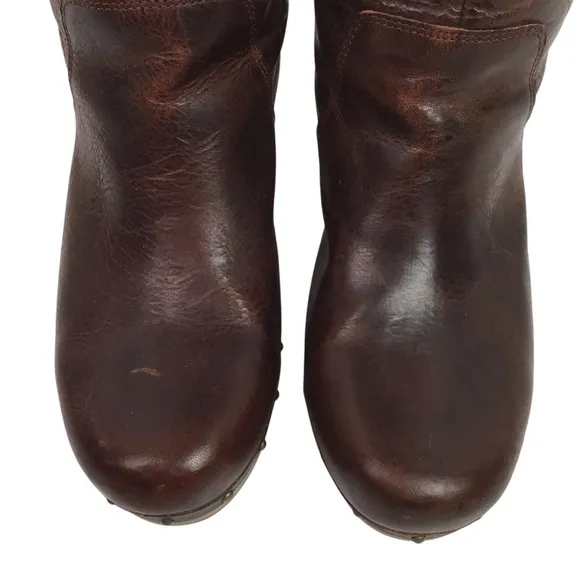 UGG Lynnea Leather Shearling Mid-Calf Wood Clog Boots Brown
