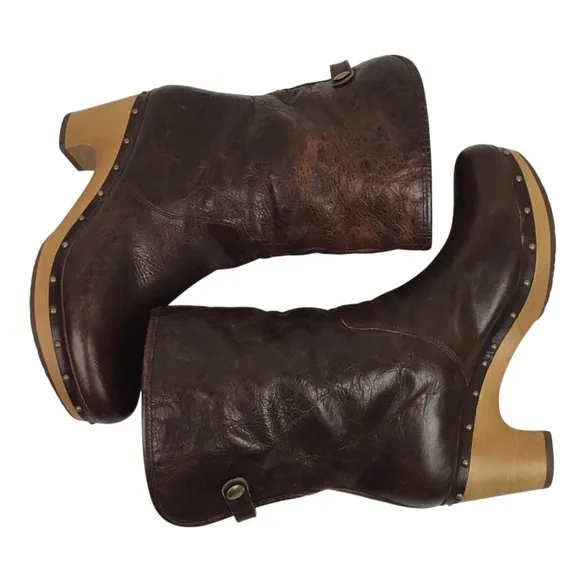 UGG Lynnea Leather Shearling Mid-Calf Wood Clog Boots Brown