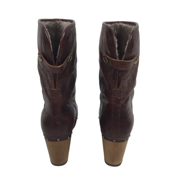 UGG Lynnea Leather Shearling Mid-Calf Wood Clog Boots Brown