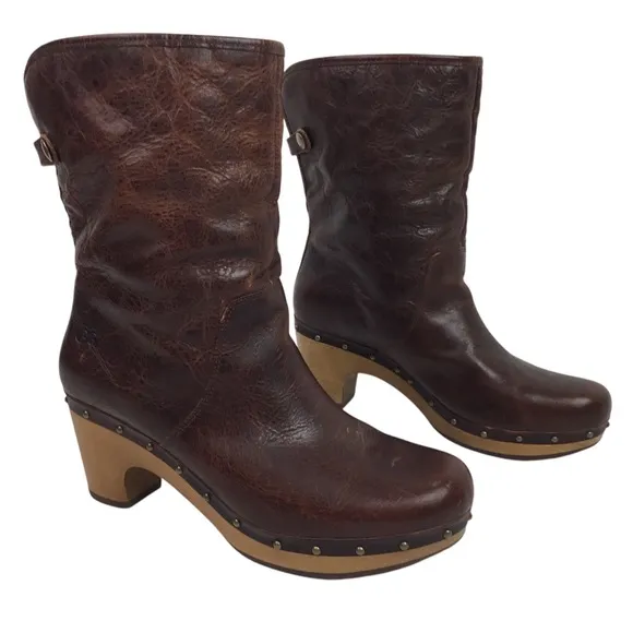 UGG Lynnea Leather Shearling Mid-Calf Wood Clog Boots Brown
