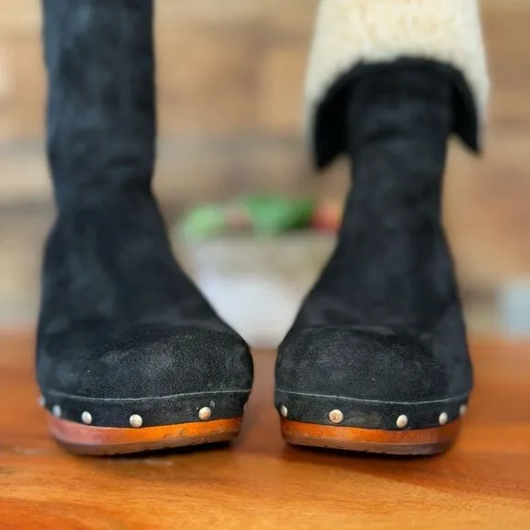 UGG Lynnea Shearling Fold Over Cuff Clog Ankle Boots in black/wooden clog sz 8