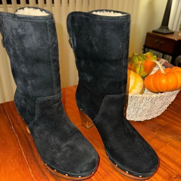 UGG Lynnea Shearling Fold Over Cuff Clog Ankle Boots in black/wooden clog sz 8