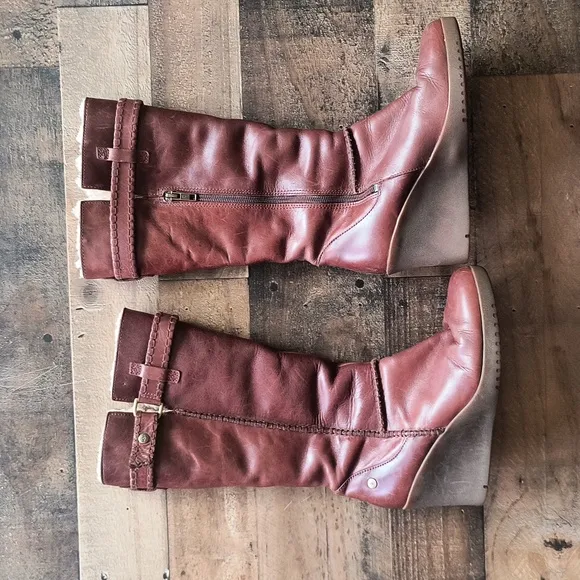 UGG Maxine Wedge Brown Leather Shearling Tall Boots Sz 8 Women