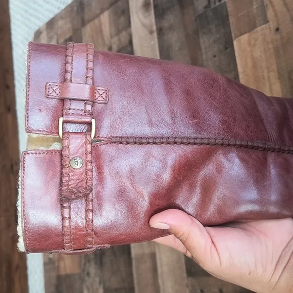 UGG Maxine Wedge Brown Leather Shearling Tall Boots Sz 8 Women