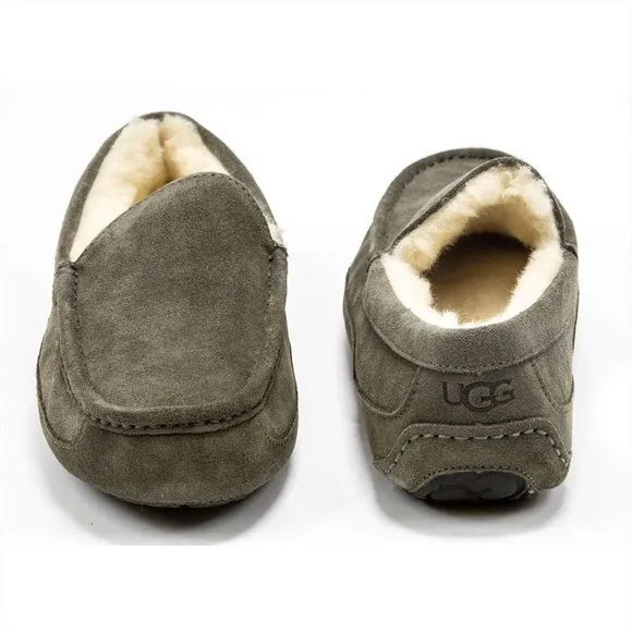 UGG Mens Ascot Slippers Moccasin Toe Sz 10 Olive Green Suede Wool Lining Loafers