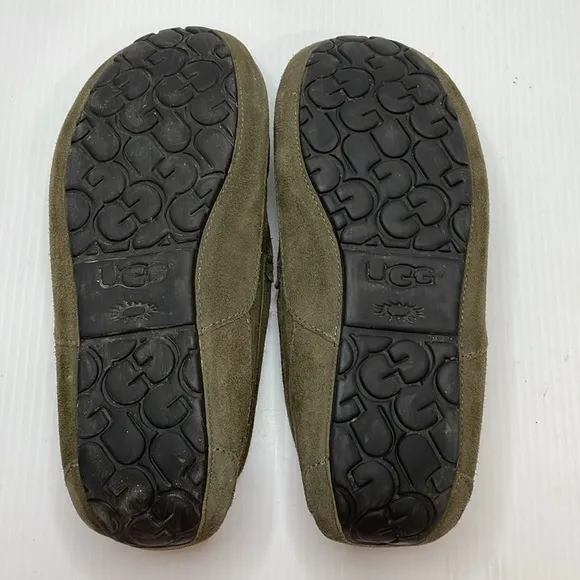 UGG Mens Ascot Slippers Moccasin Toe Sz 10 Olive Green Suede Wool Lining Loafers
