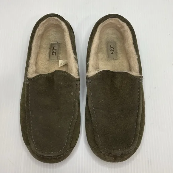 UGG Mens Ascot Slippers Moccasin Toe Sz 10 Olive Green Suede Wool Lining Loafers