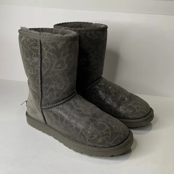 UGG metallic gray swirl print shearling lined mid-calf suede boots