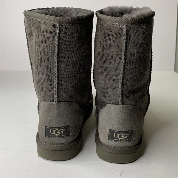 UGG metallic gray swirl print shearling lined mid-calf suede boots