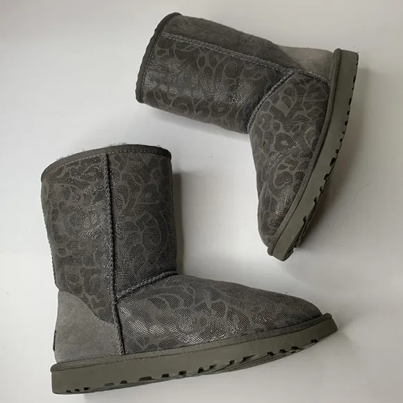 UGG metallic gray swirl print shearling lined mid-calf suede boots