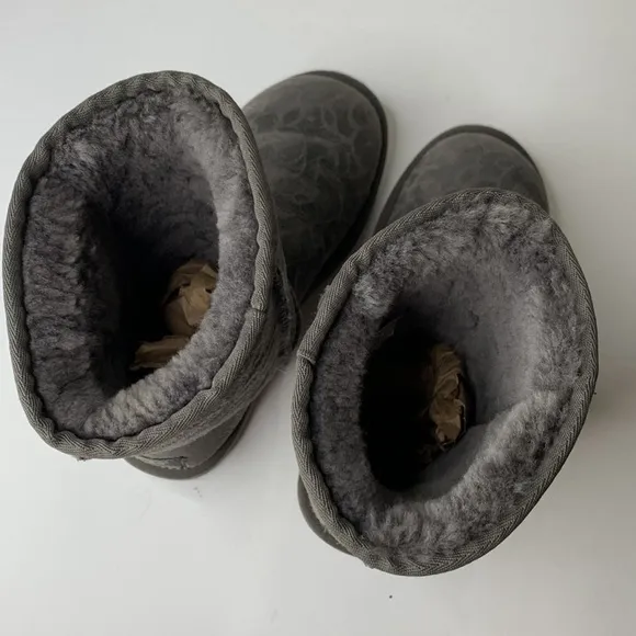UGG metallic gray swirl print shearling lined mid-calf suede boots