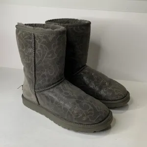 UGG metallic gray swirl print shearling lined mid-calf suede boots