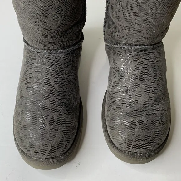 UGG metallic gray swirl print shearling lined mid-calf suede boots