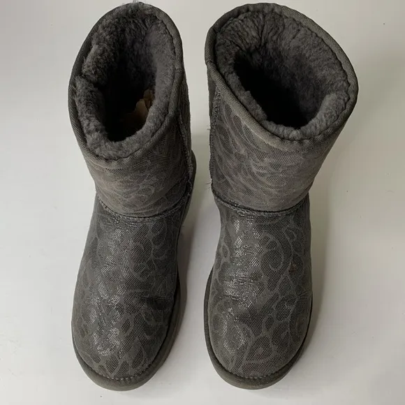 UGG metallic gray swirl print shearling lined mid-calf suede boots