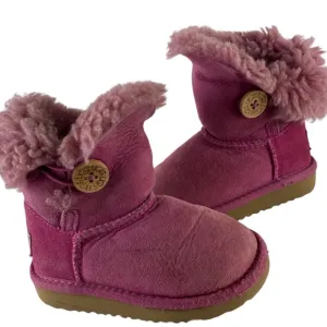 UGG Mini Bailey Button Boots Girls Sz 7 Pink Shearling Fur Lined Suede