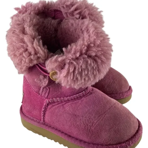 UGG Mini Bailey Button Boots Girls Sz 7 Pink Shearling Fur Lined Suede