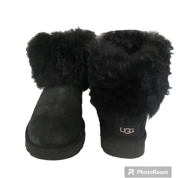 UGG Mini Toscana Cuff Fluff Black Sheepskin Suede Shearling Boots Women’s
