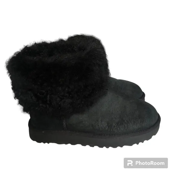 UGG Mini Toscana Cuff Fluff Black Sheepskin Suede Shearling Boots Women’s