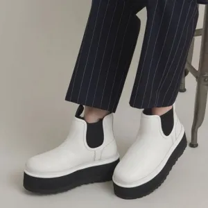 UGG Neumel Platform Chelsea Boots Leather Shearling Booties White Size 10 NEW