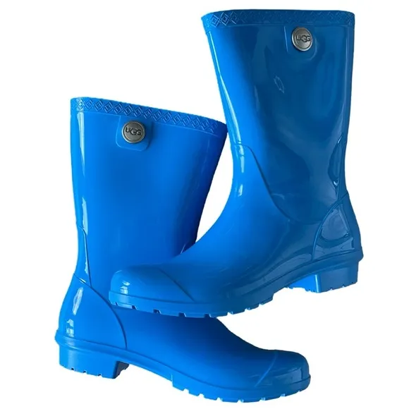 UGG Sienna Rubber Shearling Lined Glossed Blue Rain Boots Size 7