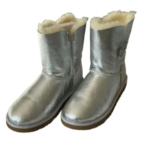 UGG Silver Glitter Metallic Bailey Boots Leather Shearling Fur Button Si…