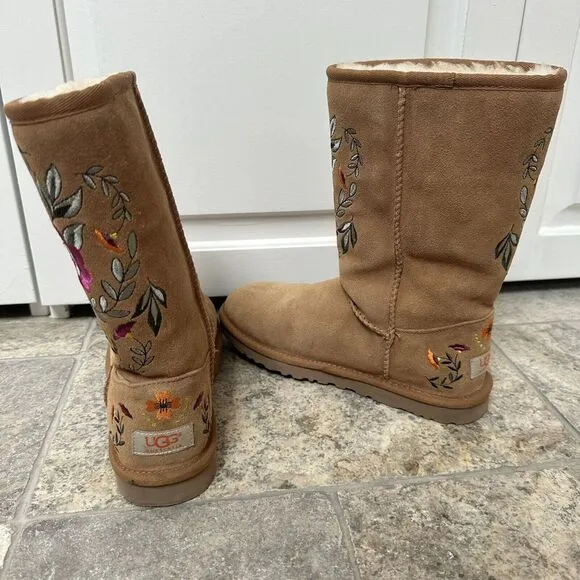 UGG Size 6 Juliet Chestnut‎ Tan Suede Floral Embroidered Shearling Boots RARE