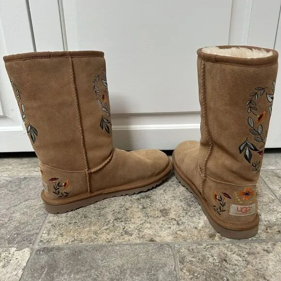 UGG Size 6 Juliet Chestnut‎ Tan Suede Floral Embroidered Shearling Boots RARE